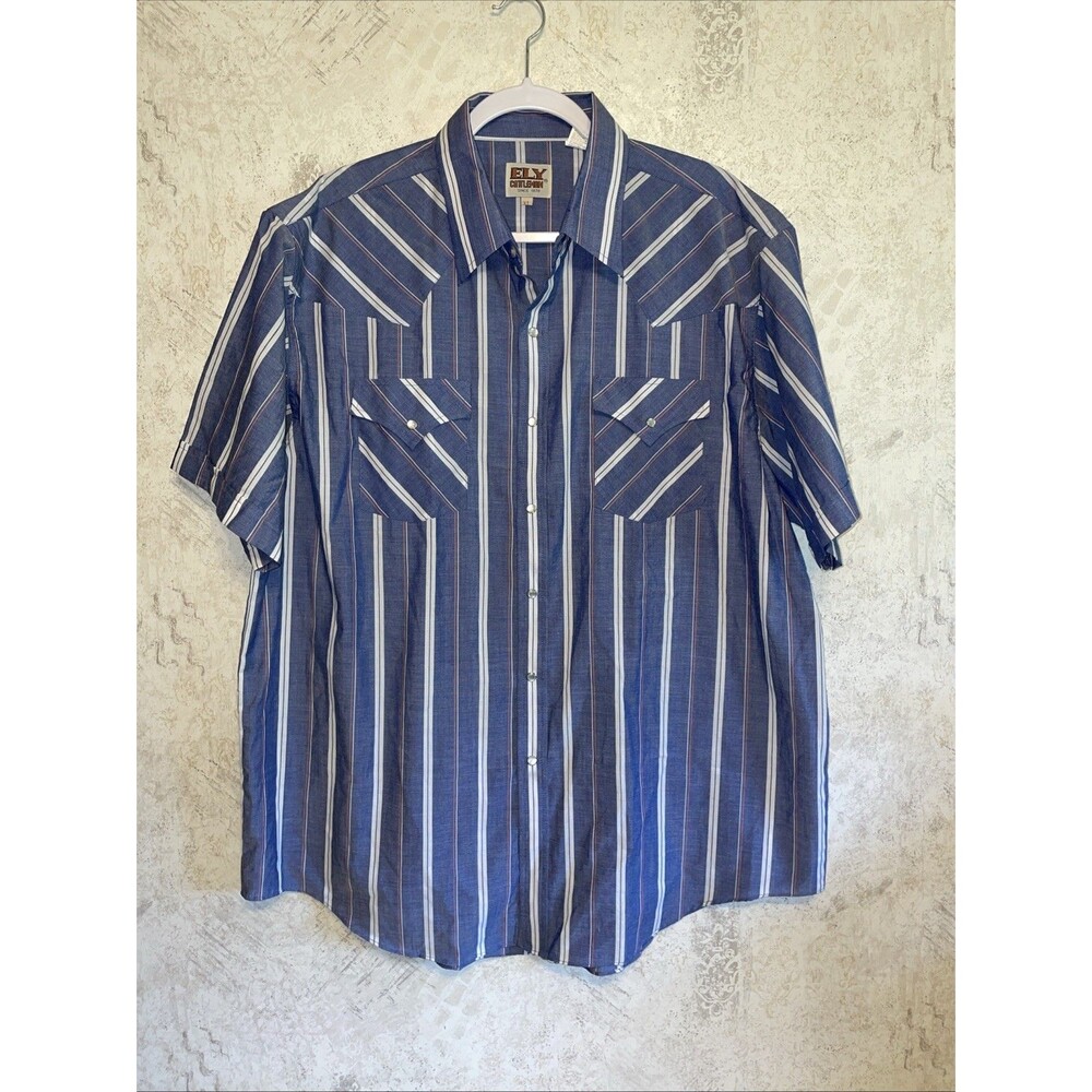 Ely Cattleman Men Short Sleeve Western Shirt Blue Striped Pearl Snap XL